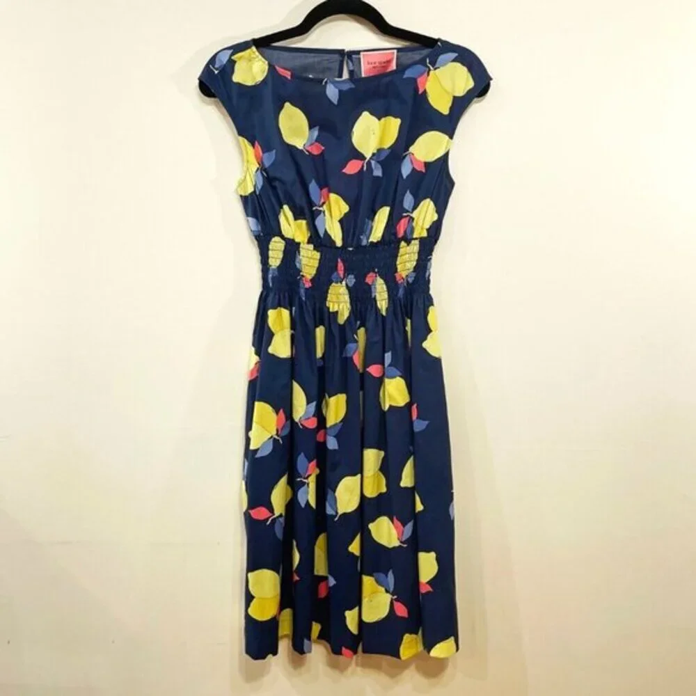 New Kate Spade Blaire Lemon Zest 100% Cotton Dress Navy 2, XS $229